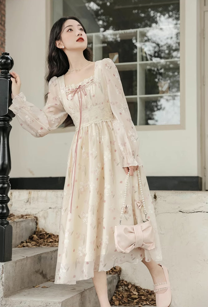 Pinkbells Midi Dress (Cream/Pink)