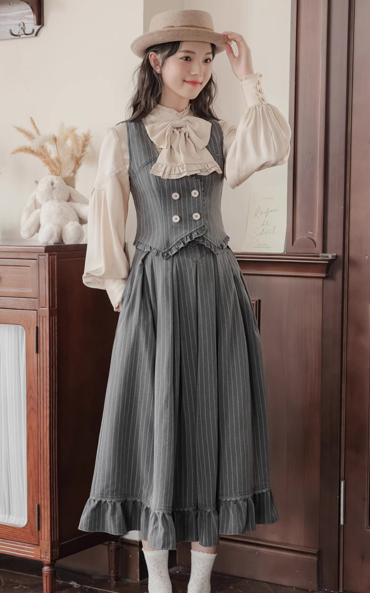 Victoria Stripe Midi Skirt (Gray)