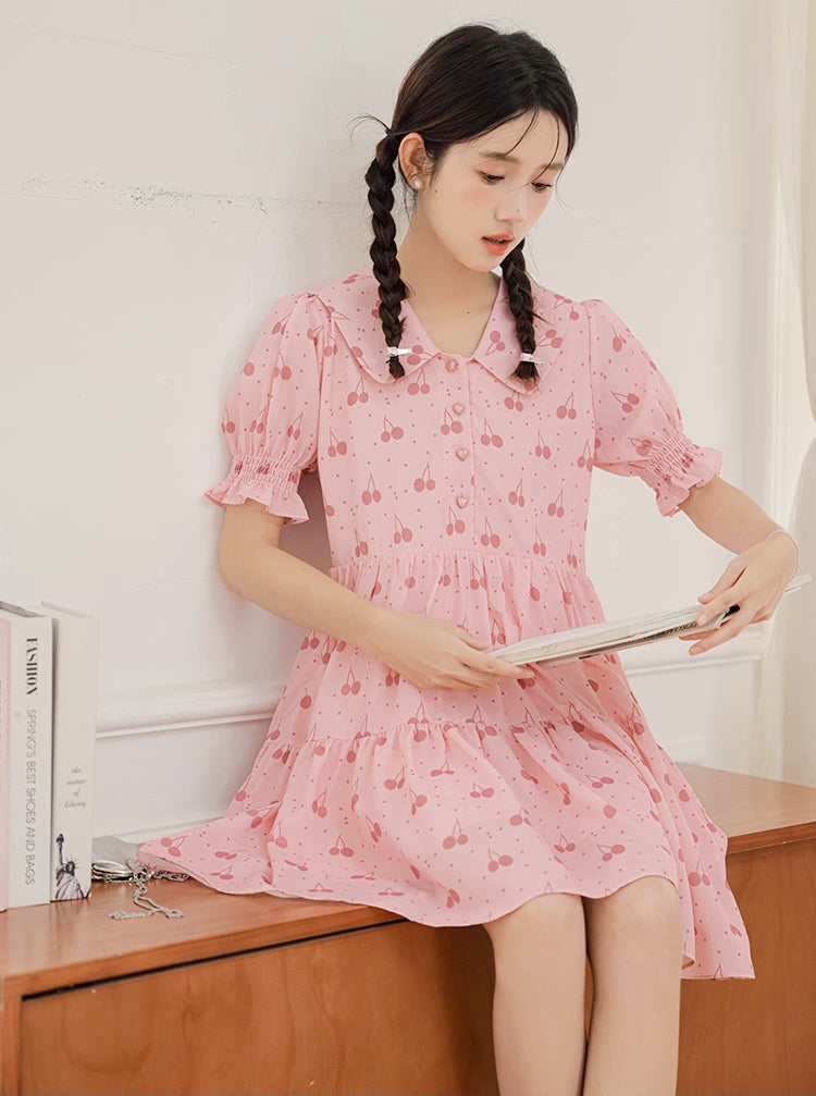 Sweet Cherry Tiered Shirt Dress (Pink)