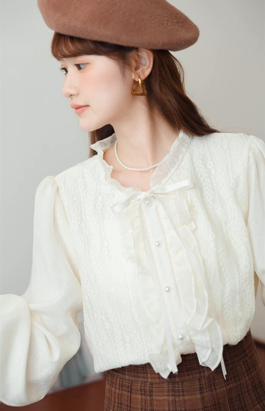 Ruffle Trim Tie Neck Blouse (Cream)
