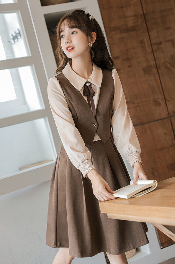 Journalist Waist Coat Dress (Brown)
