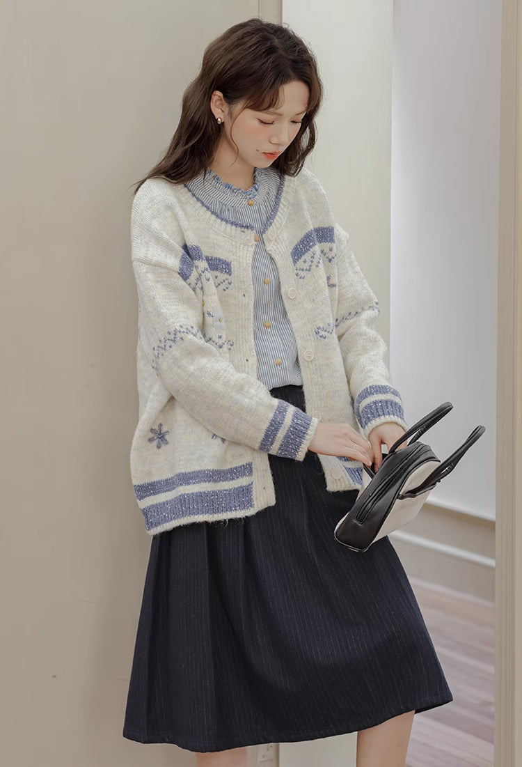 Embroidered Floral Fair Isle Cardigan (Off-White)