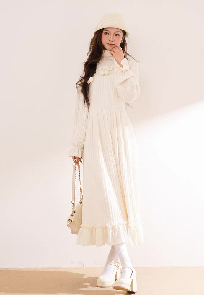 Cherry Pom Pom Turtleneck Sweater Dress (White)