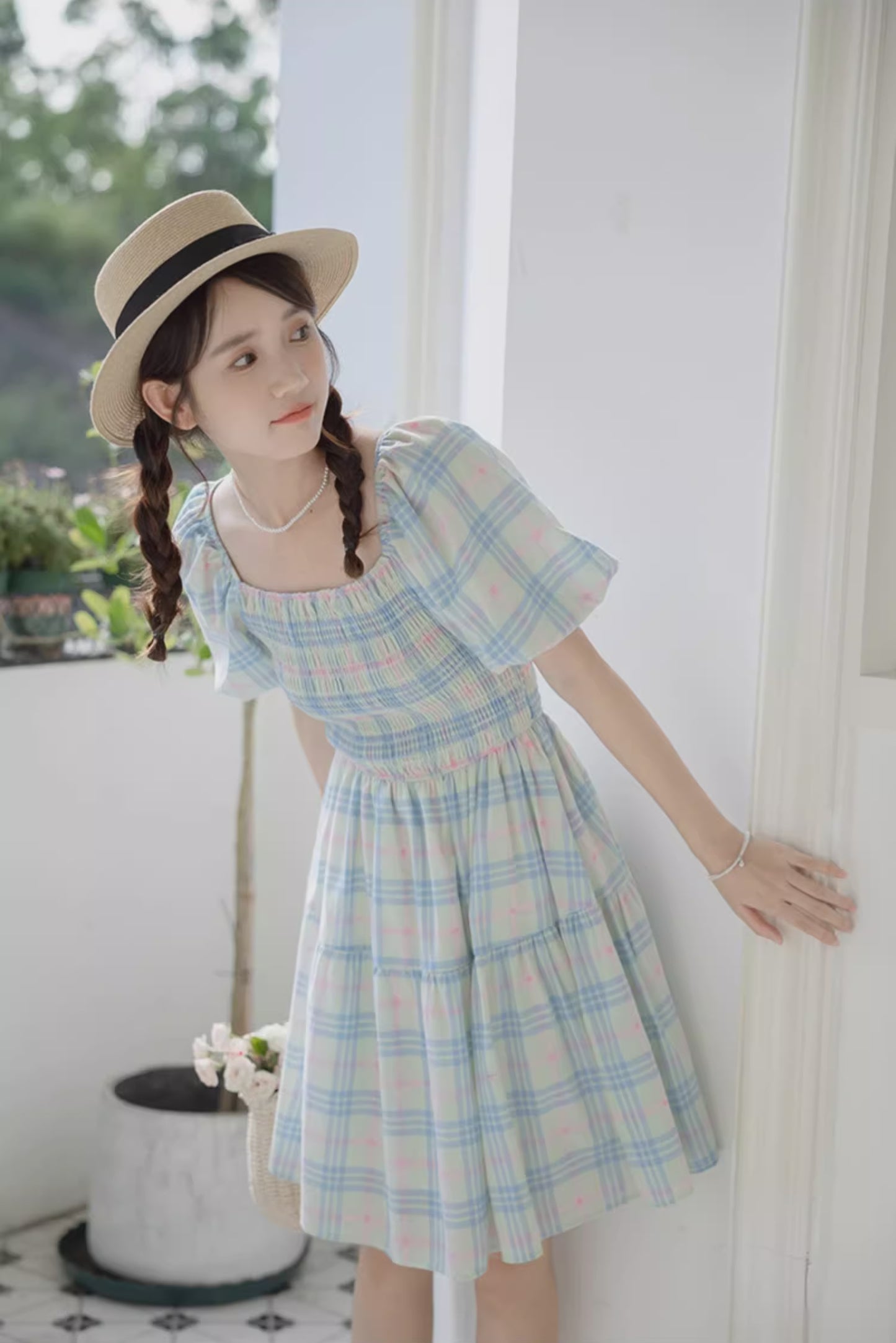 Sorbet Plaid Puff Sleeve Dress (Blue/Green)