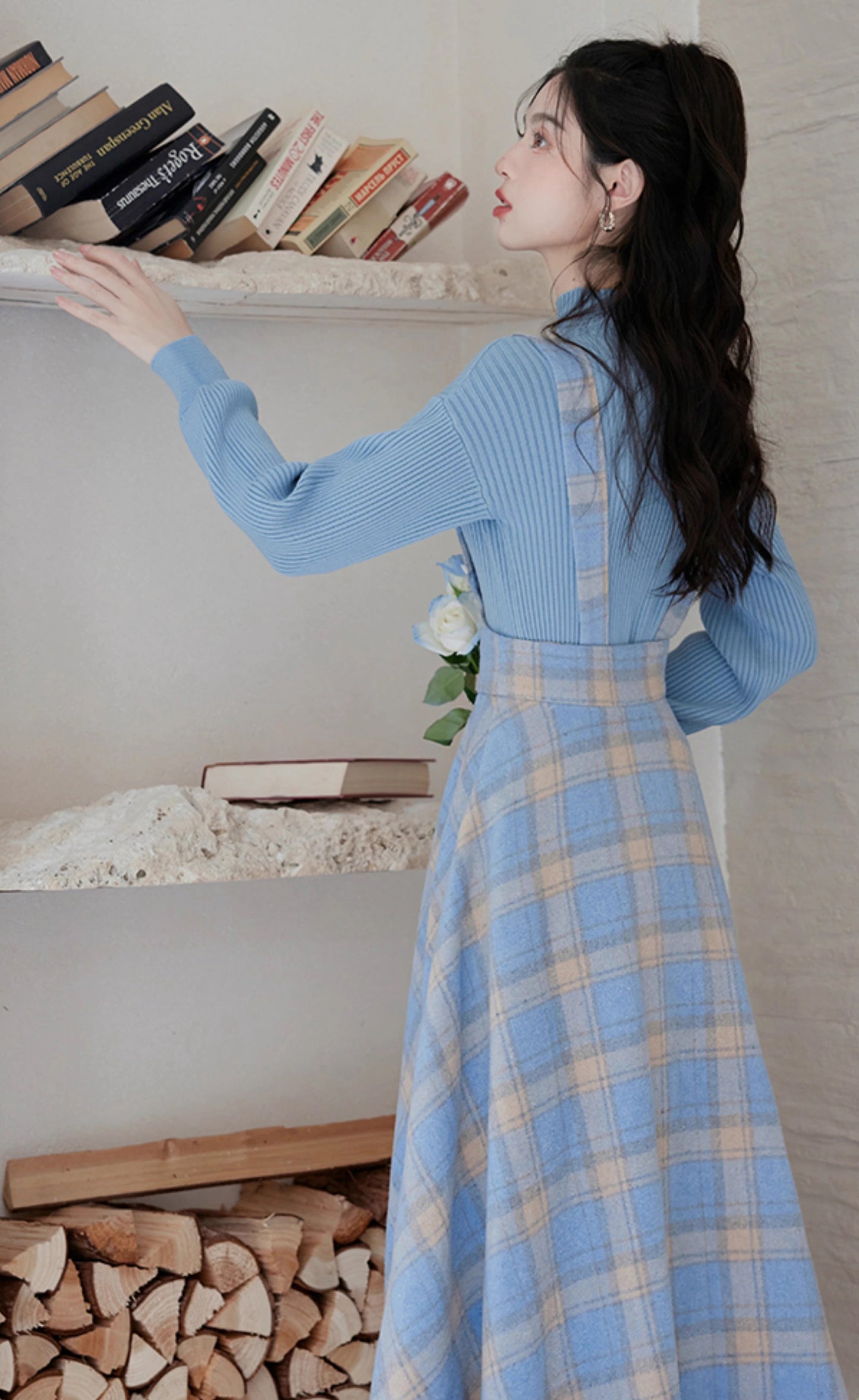 Frozen Plaid Sweater & Suspender Skirt Set (Blue/White)