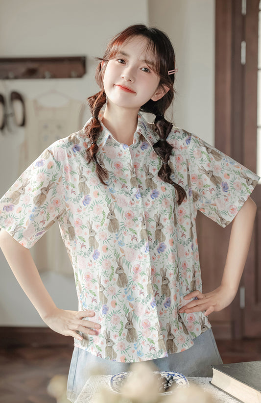 Rabbit Garden Button Up Shirt (White)