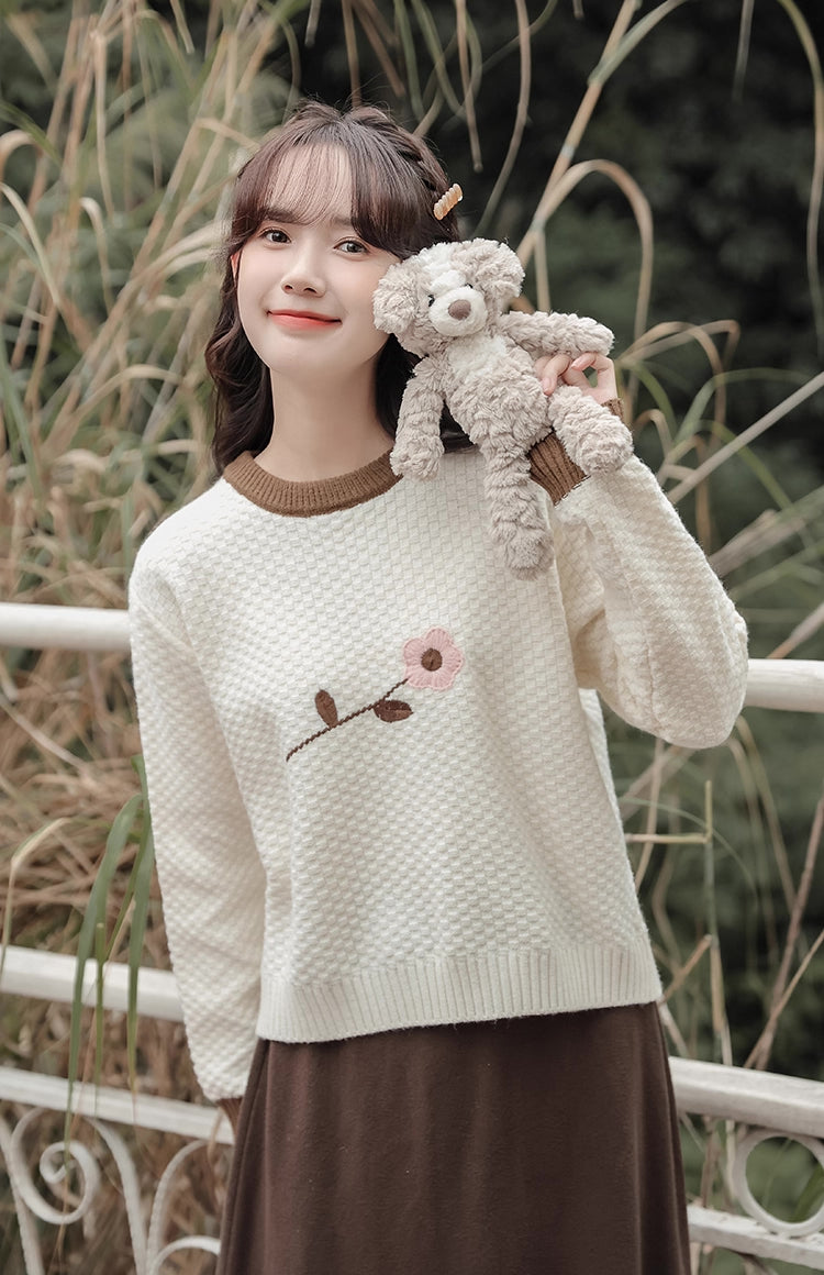 Waffle Knit Flower Sweater (2 Colors)