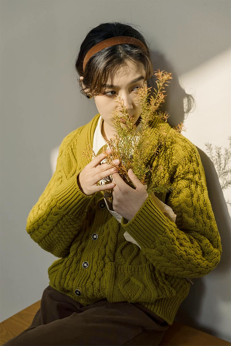 Shawl Collar Cable Knit Cardigan (Chartreuse)