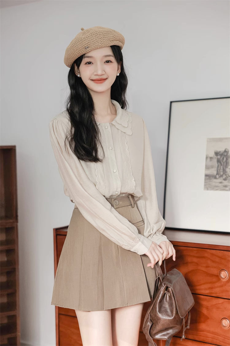 Scallop Trim Blouse (Light Khaki)