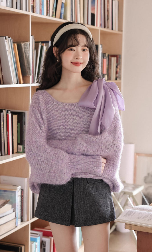 Sequin Off Shoulder Bow Sweater (4 Colors)