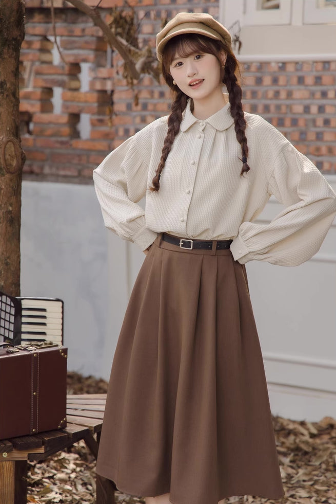 Waffle Puff Sleeve Blouse (Milk Tea)