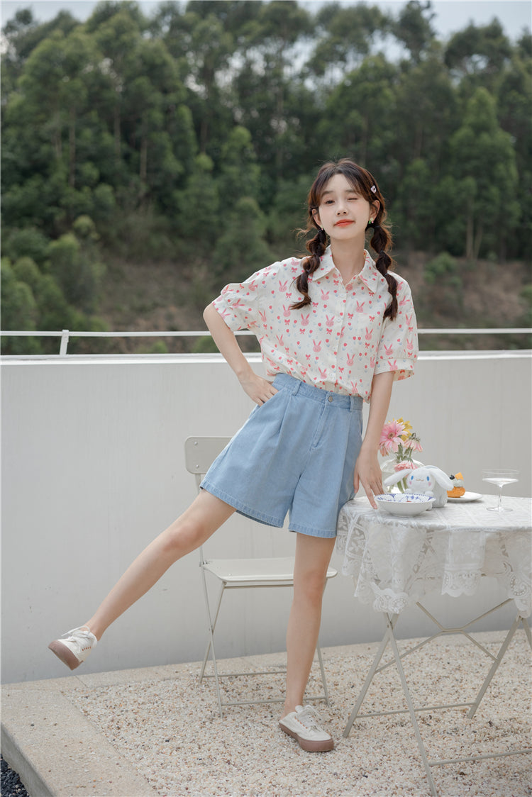 Pink Bunny Cropped Button Up Shirt (White)