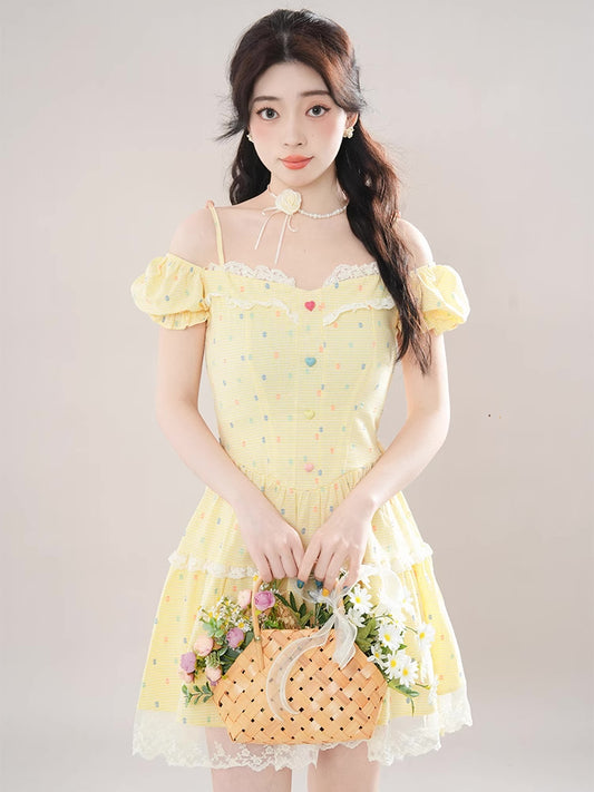 Gumdrop Gingham Cold Shoulder Mini Dress (Yellow)