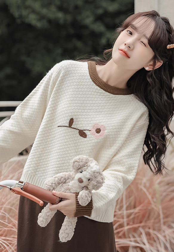 Waffle Knit Flower Sweater (2 Colors)