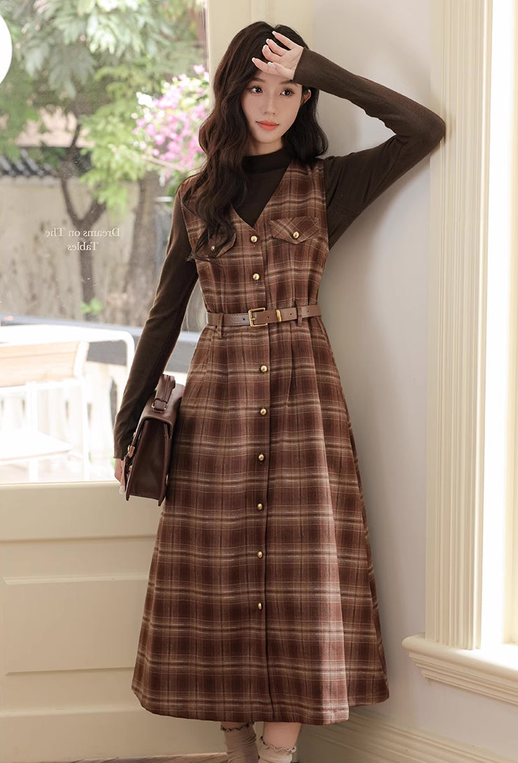 Ginger Plaid Pinafore Midi Dress (2 Colors)