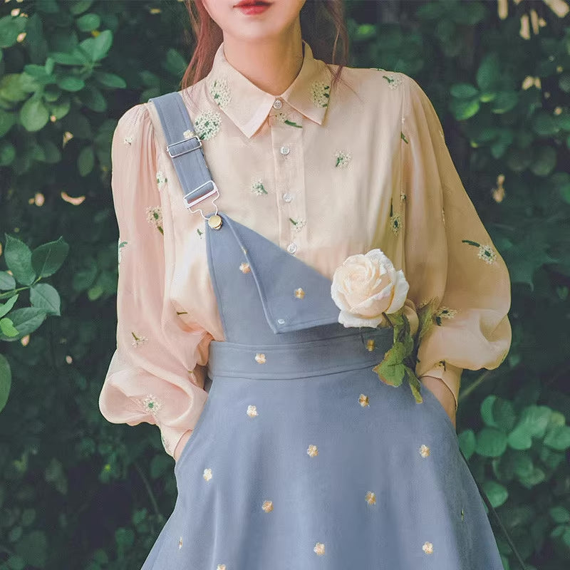 Delicate Daisy Embroidered Pinafore (Blue)