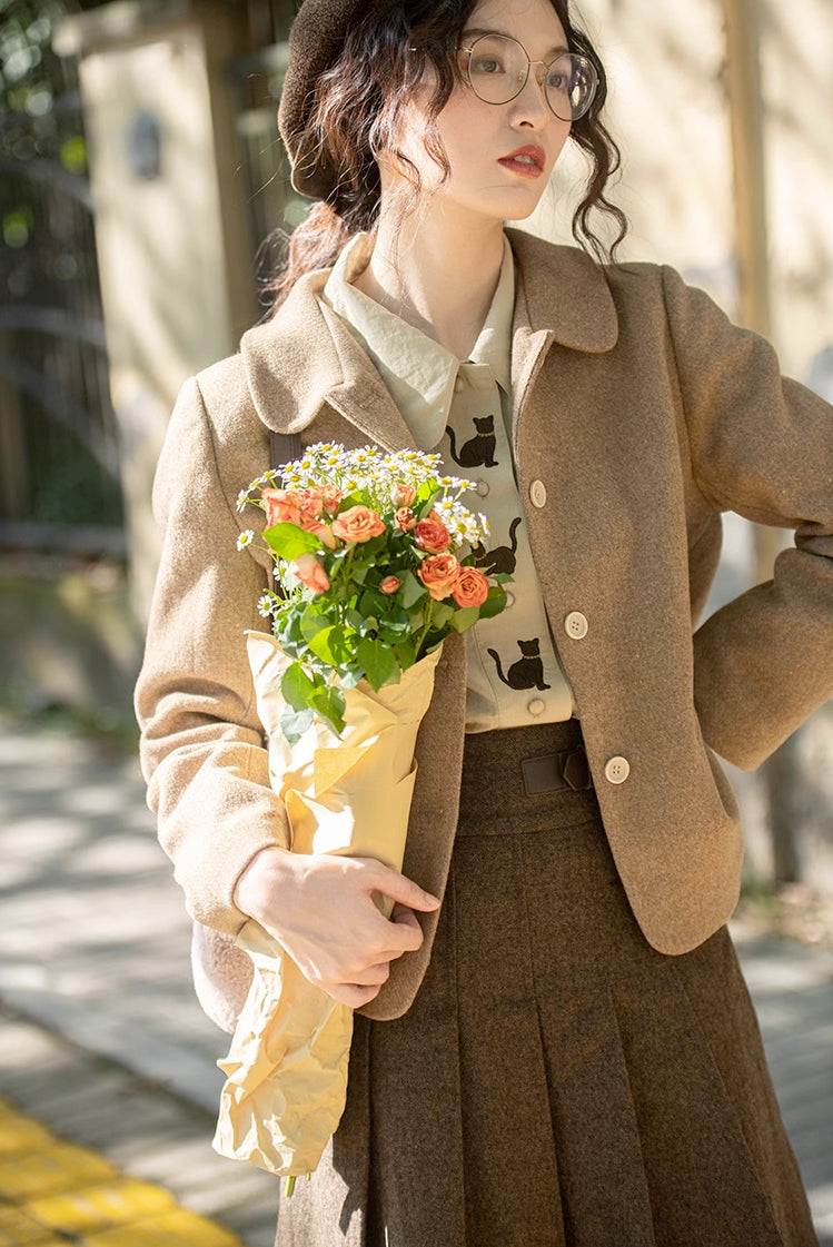 Black Cat Embroidered Blouse (Khaki)