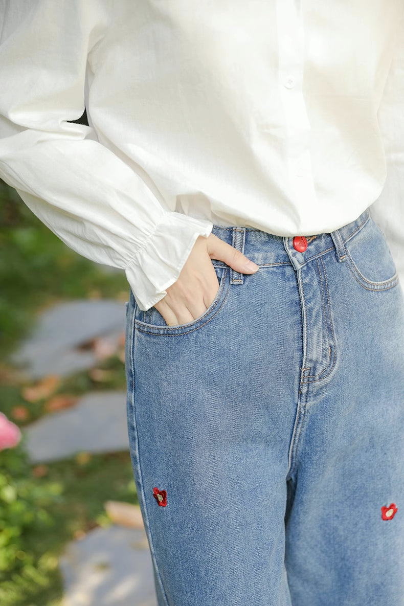 Popping Daisy Embroidered Jeans (Dark Denim)