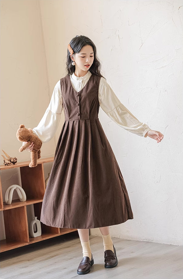 brown cord dungaree dress Brown Corduroy Square Neck Pinafore Dress | Retro Charm