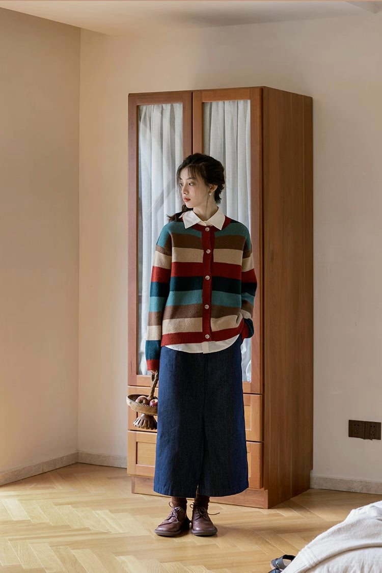 Cozy Stripe Cardigan (Maroon/Teal)