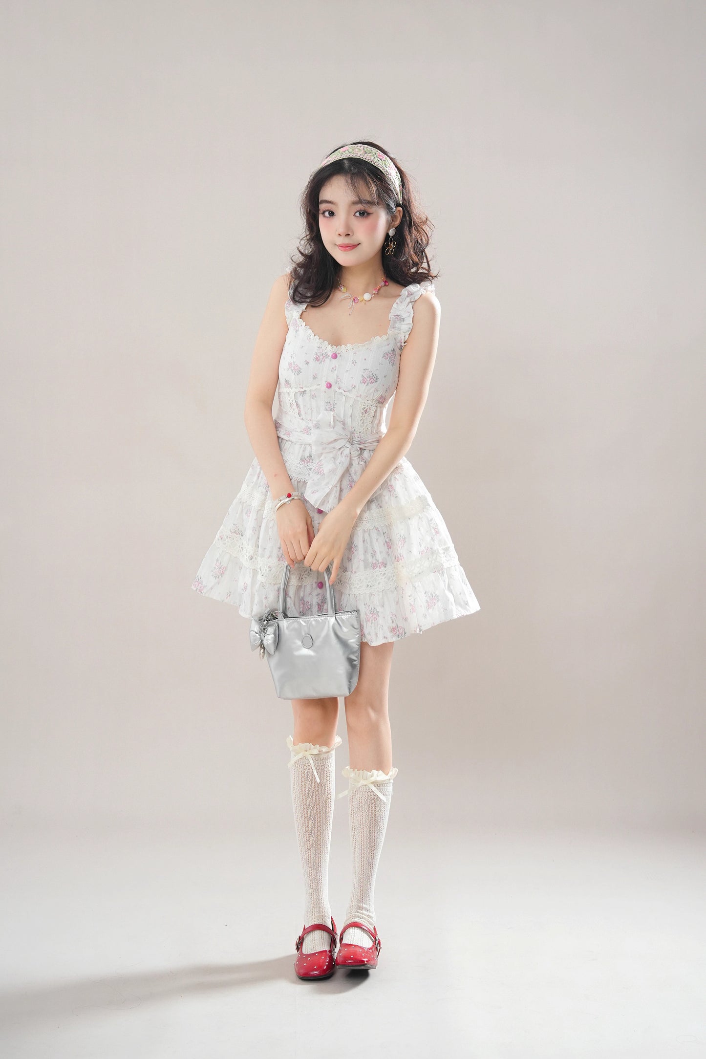 Rose Lace Tiered Mini Dress (White)