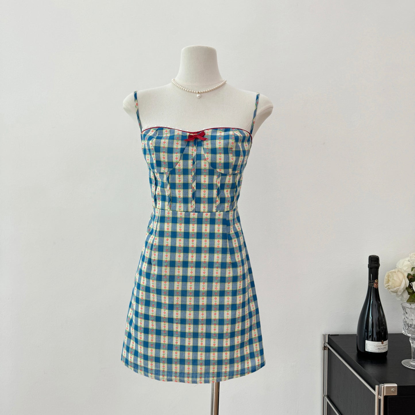 Vintage Gingham Floral Cami Dress (Blue)