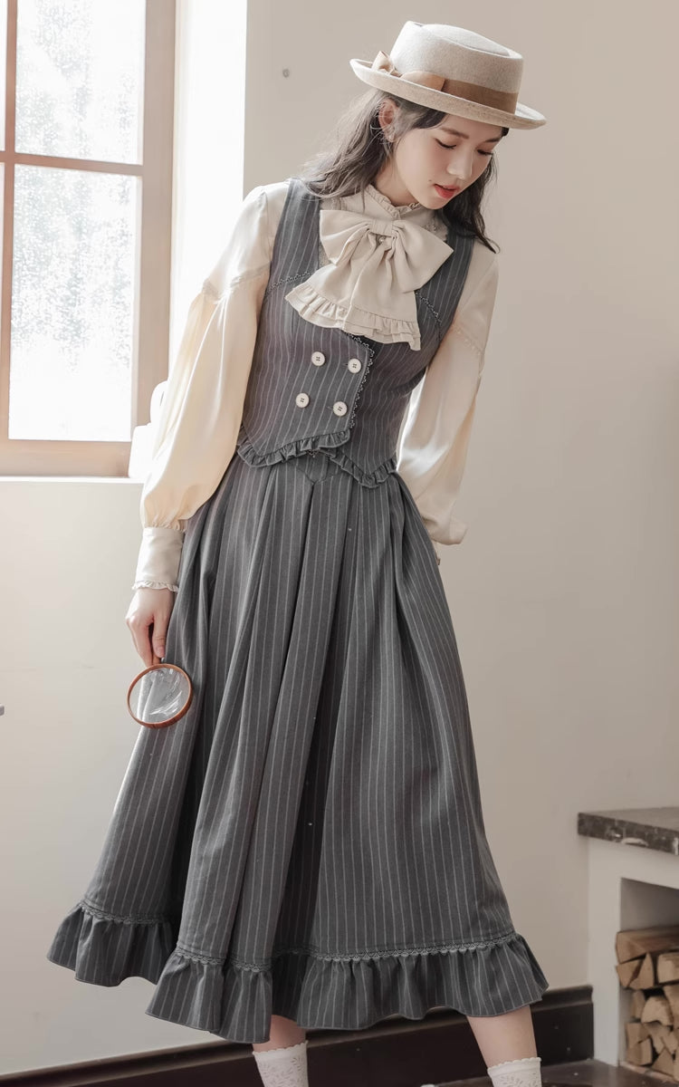 Victoria Stripe Midi Skirt (Gray)