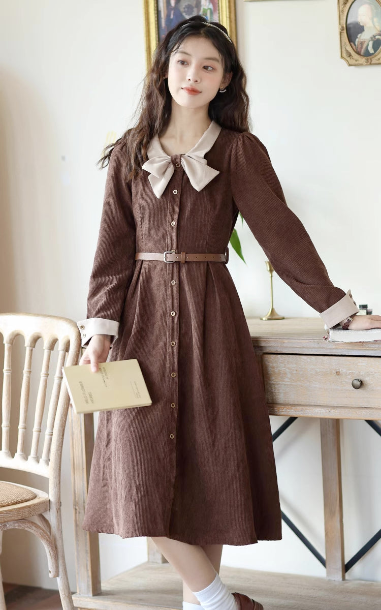 Bow Collar Corduroy Button Down Dress (Chocolate)