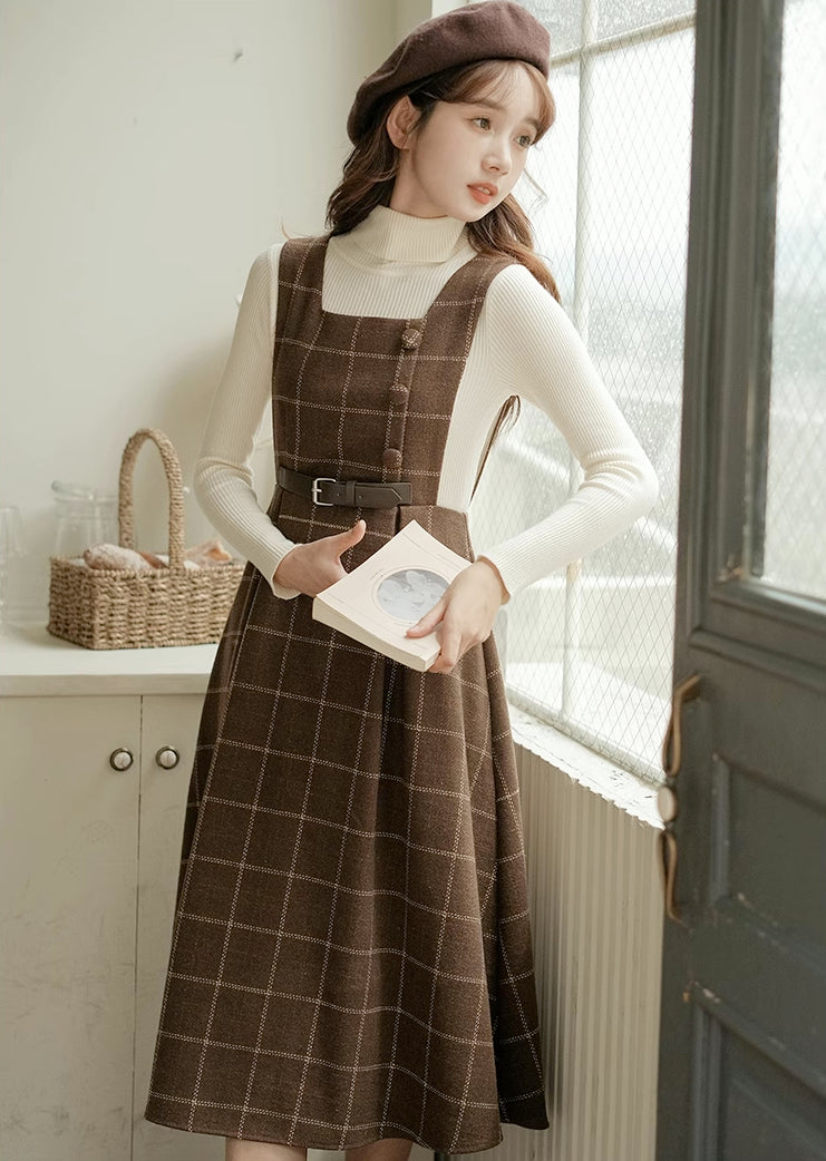 Belted Plaid Pinafore Dress (3 Colors)