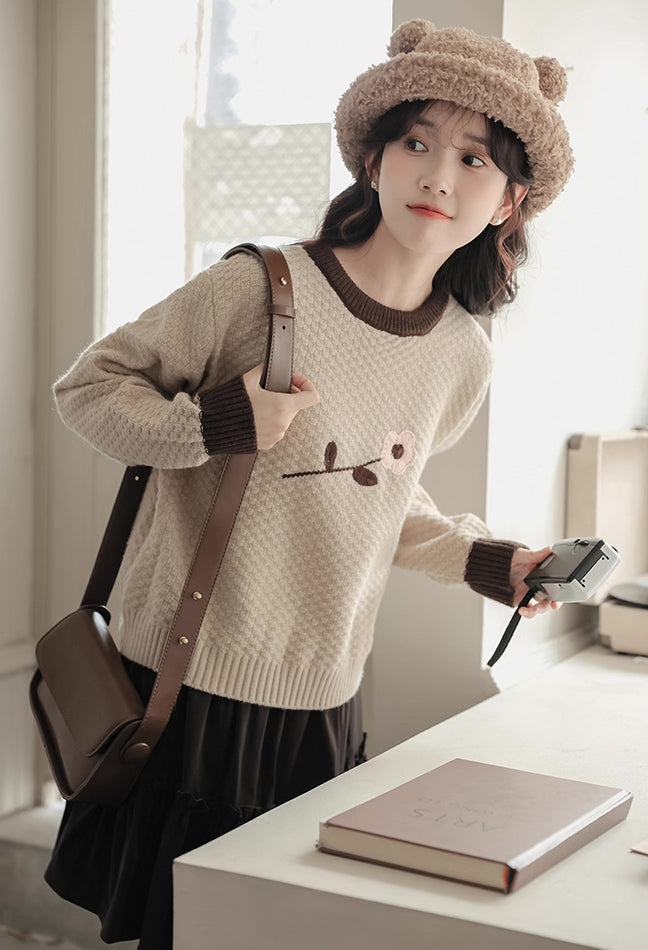 Waffle Knit Flower Sweater (2 Colors)