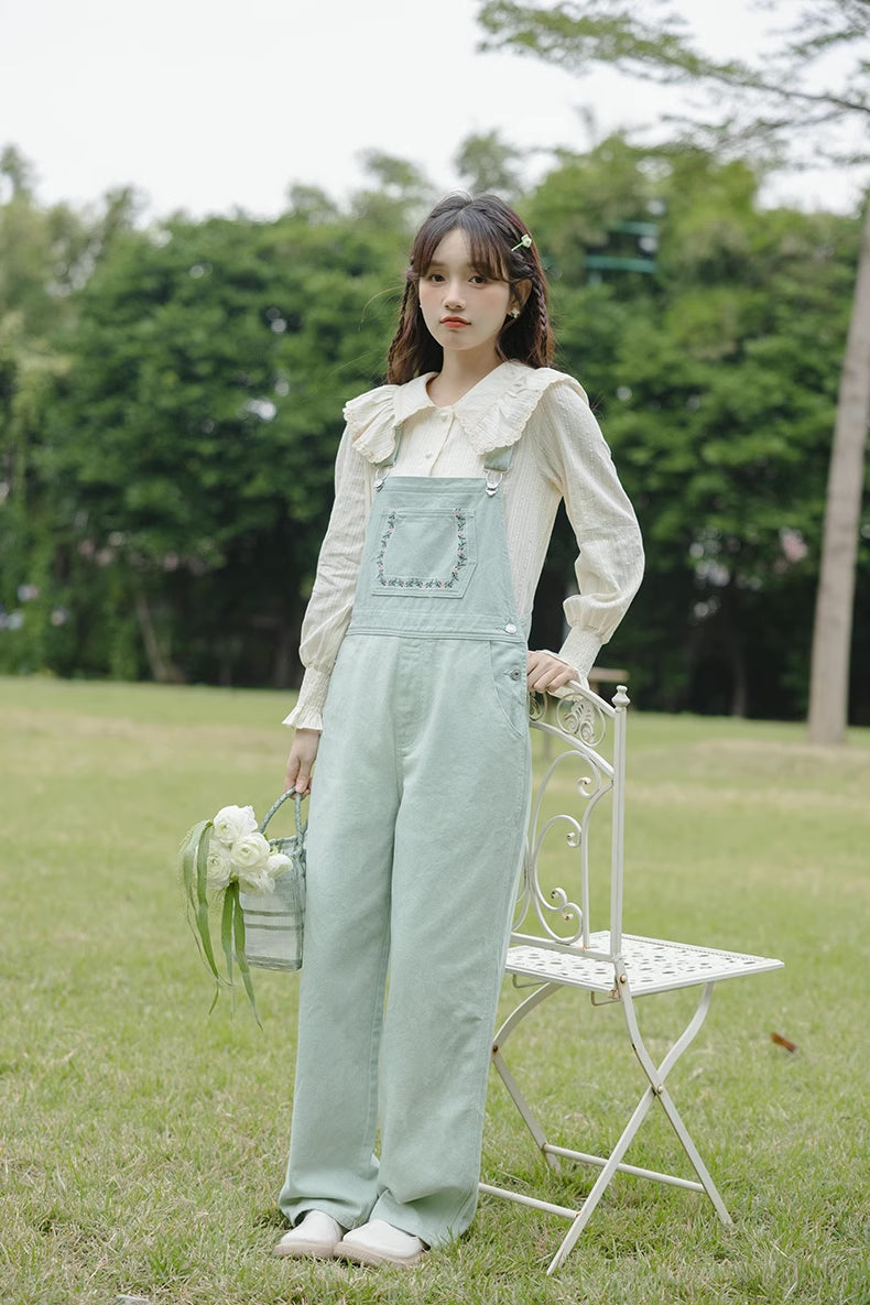 Flower Vines Embroidered Overalls (Green)