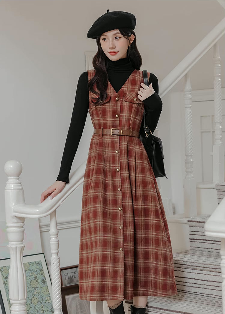 Ginger Plaid Pinafore Midi Dress (2 Colors)