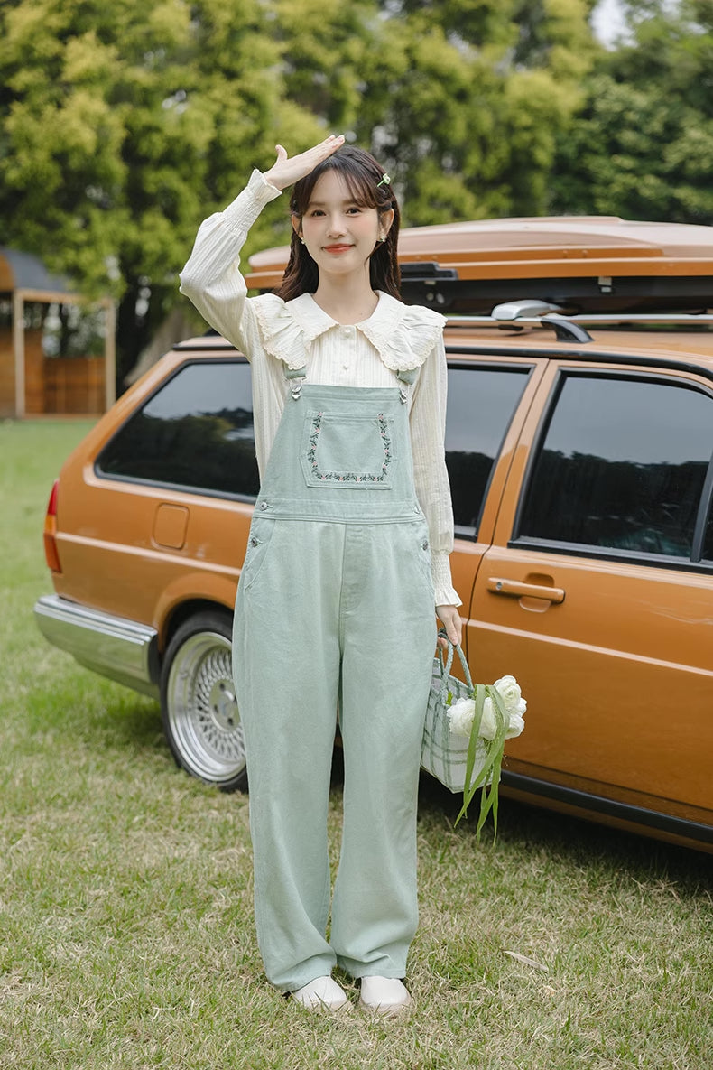 Flower Vines Embroidered Overalls (Green)