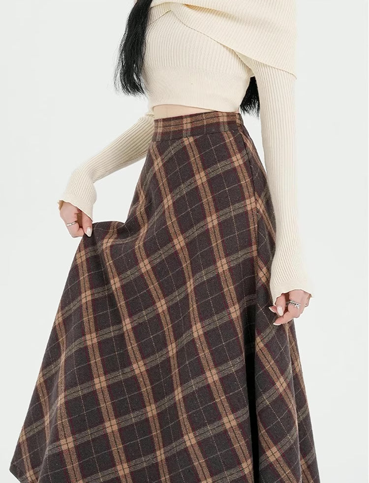 Oxford Plaid Midi Skirt (Brown)