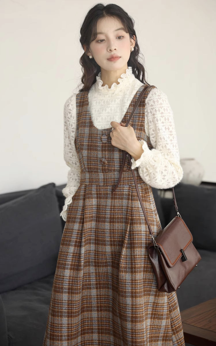 Sunset Plaid Pinafore Midi Dress (Brown)