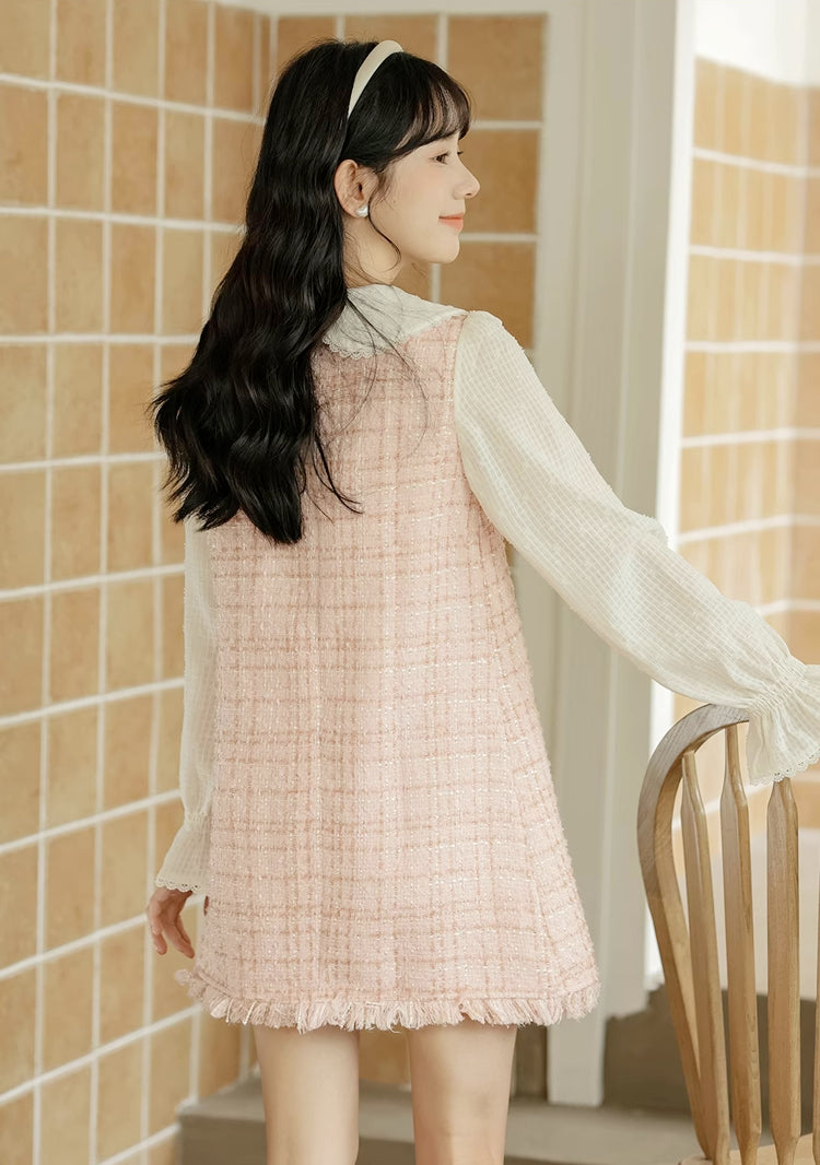 Tweed Plaid Mini Shift Dress (Pink)