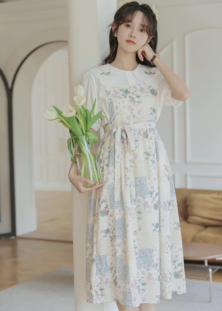 Ditsy Floral Patchwork Apron Dress (White)