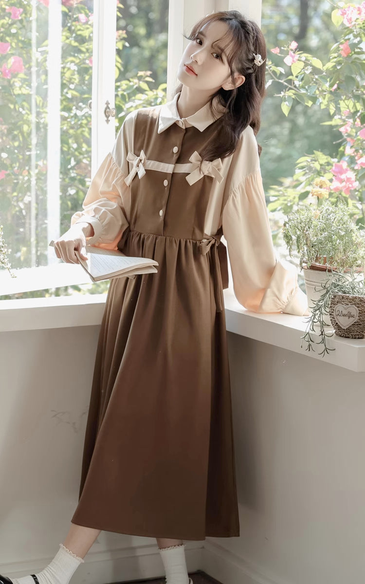 Cocoa Bows Twofer Midi Dress (Brown)