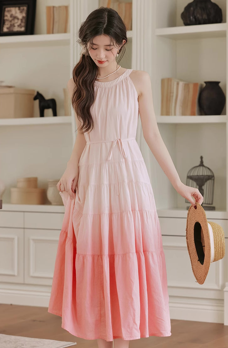 Ombre Halter Trapeze Midi Dress (Pink)