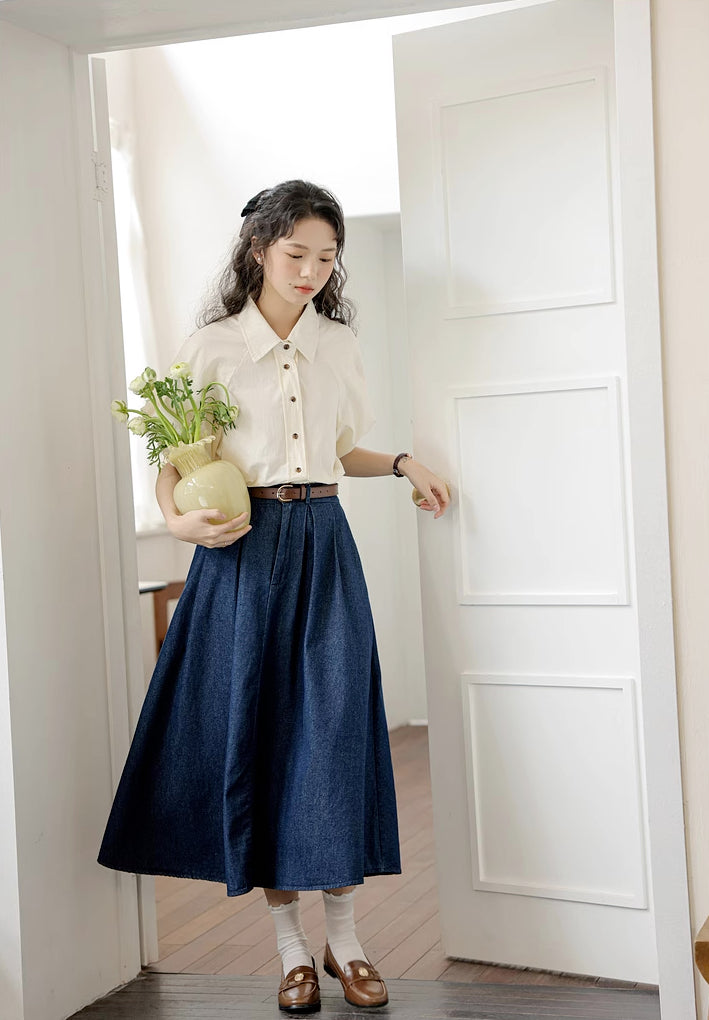 Pleated Denim Midi Skirt (3 Colors)