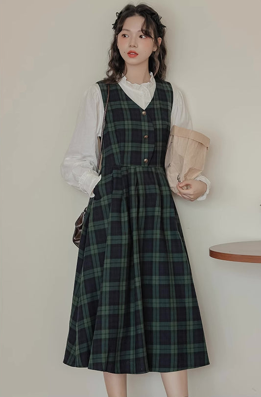 Cambridge Plaid Pinafore Dress (Green/Navy)