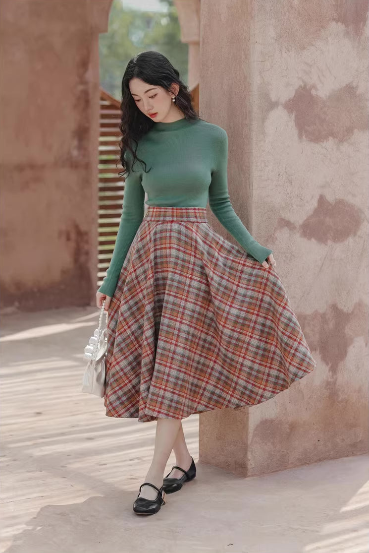 Maple Plaid Midi Circle Skirt (Multicolor)