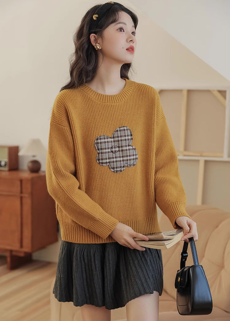 Plaid Flower Sweater (Mustard)