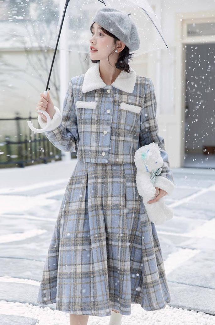 Elsa Plaid Tweed Midi Set (Blue)