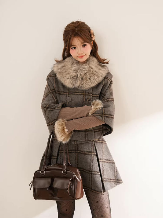 Library Plaid Capelet & Mini Skirt Set (Grey)