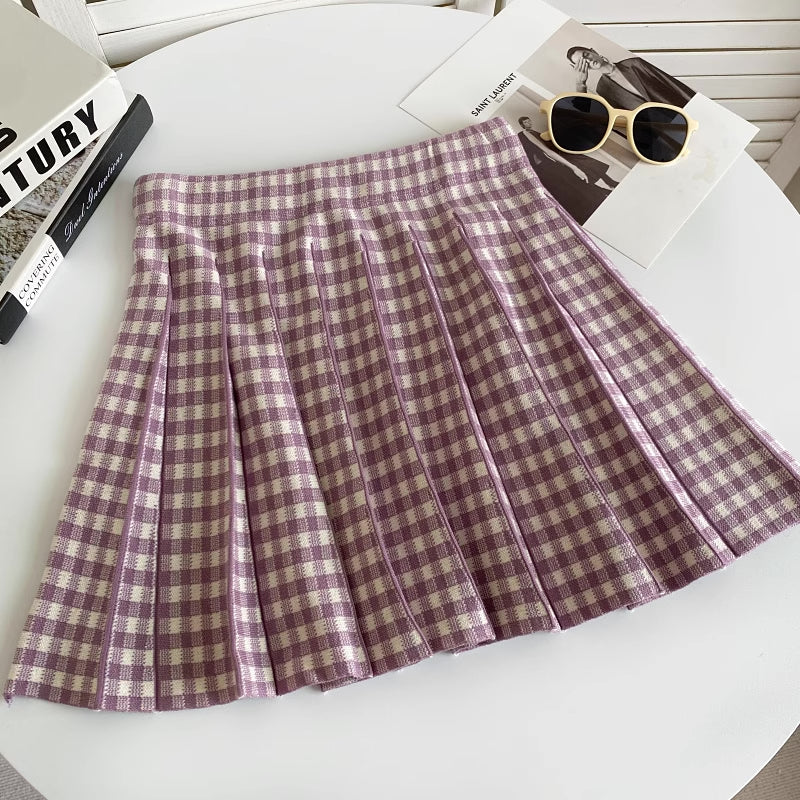 Gingham Knit Pleated Skirt (7 Colors)