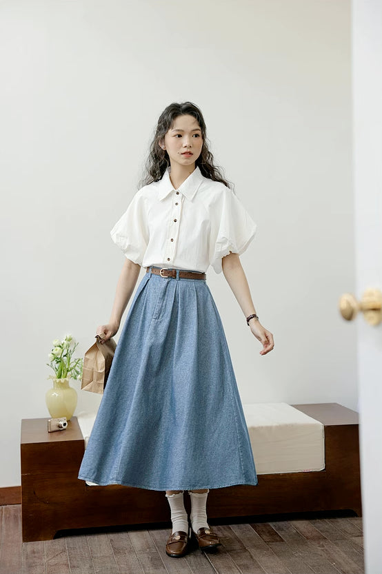 Pleated Denim Midi Skirt (3 Colors)