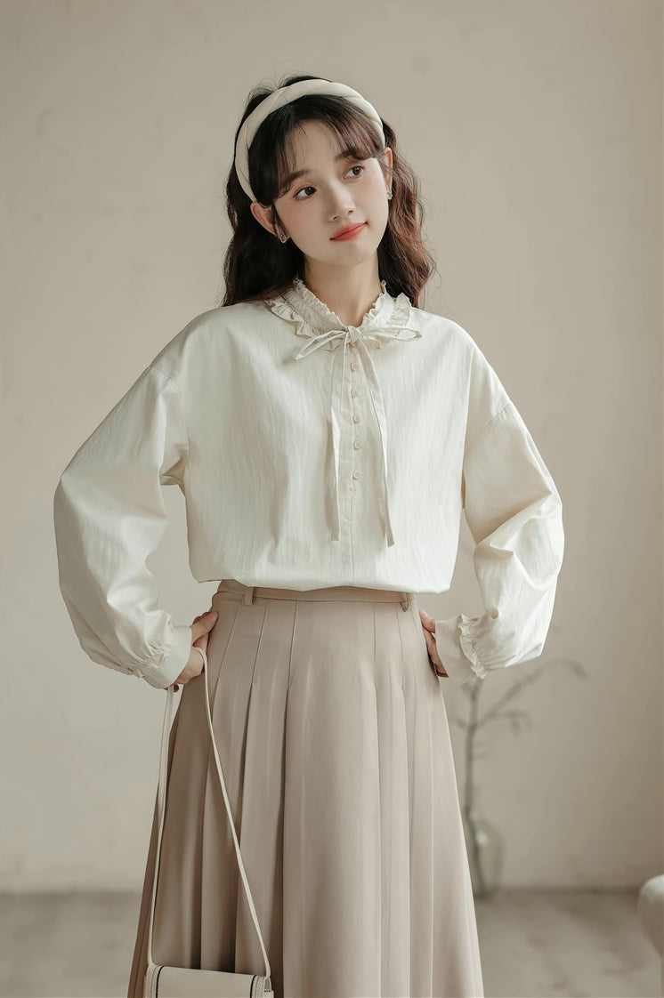 Ruffle Tie Blouse (Beige)