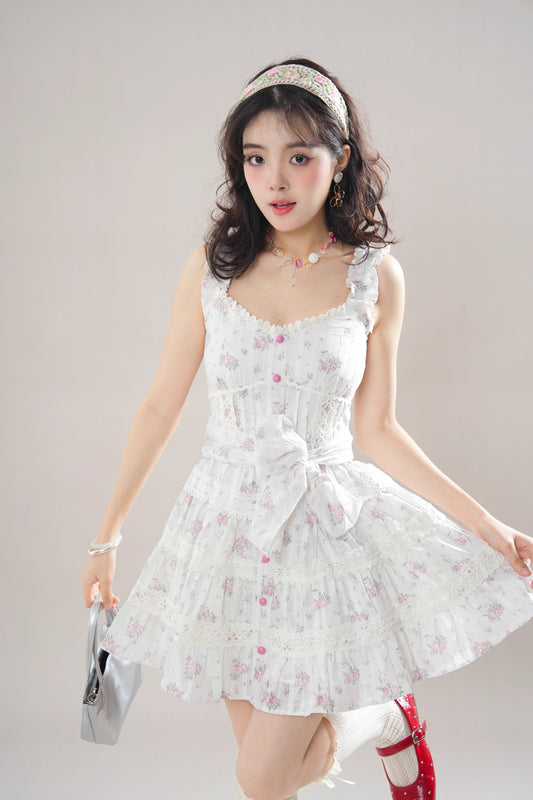 Rose Lace Tiered Mini Dress (White)