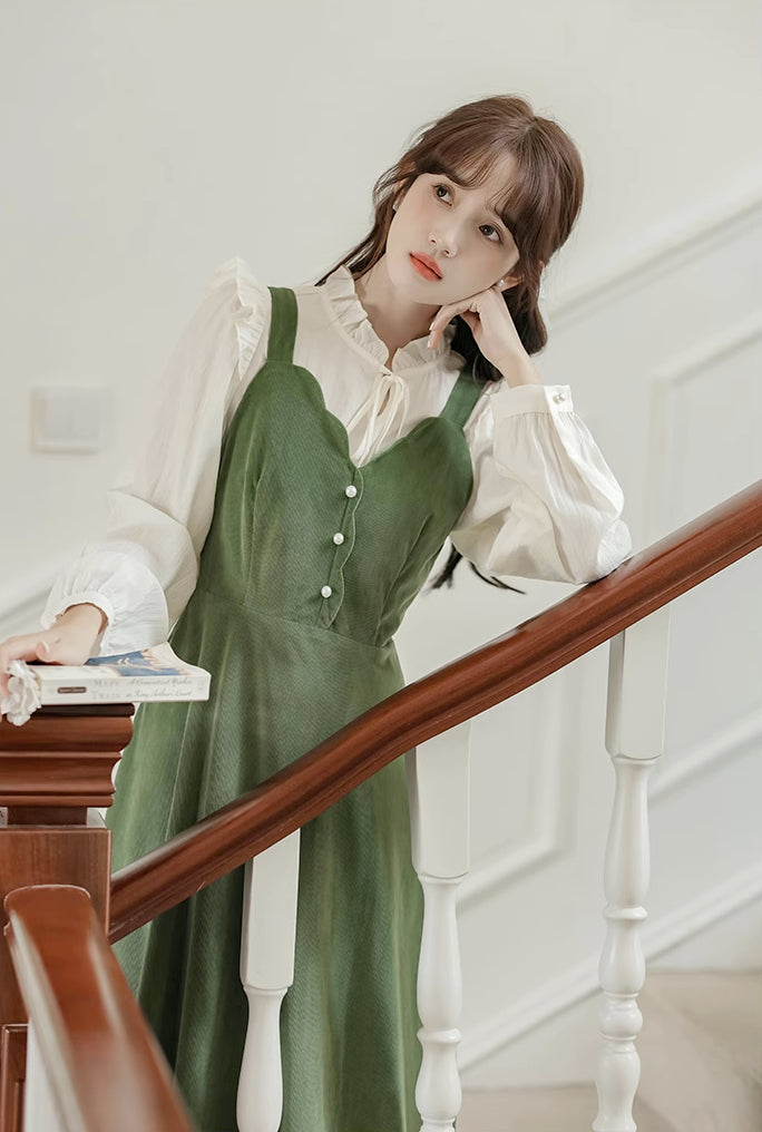 Corduroy Scallop Cami Midi Dress (Pistachio Green)